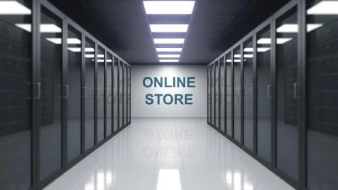 ONLINE STORE caption on the wall of a server room. Conceptual 3D rendering Stock Illustration