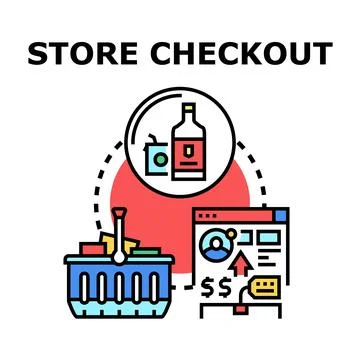 Online store checkout process with shopping cart and goods Stock Illustration