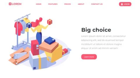 Online store choice isometric landing page. Customer buying products, female Stock Illustration
