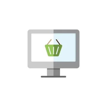 Online store. Computer screen and shopping basket. Flat color icon. Commerce  Stock Illustration