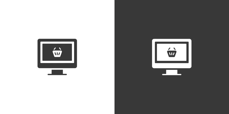 Online store. Computer screen and shopping basket. Isolated icon on black and Stock Illustration