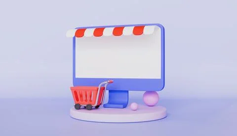 Online store computer screen icon and shopping cart, Shopping through digital Stock Illustration