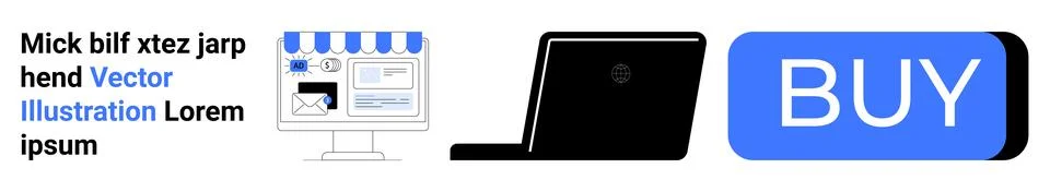 Online store on computer screen, laptop, and blue BUY button. Ideal for e-com Stock Illustration
