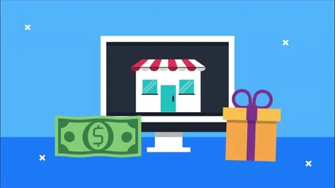 Online store concept with computer money and gift box showing e-commerce su.. Stock Footage 334545041