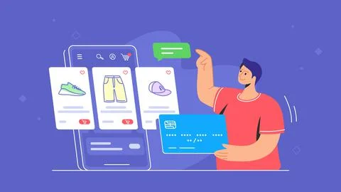 Online store e-commerce mobile app usage by consumer Stock Illustration