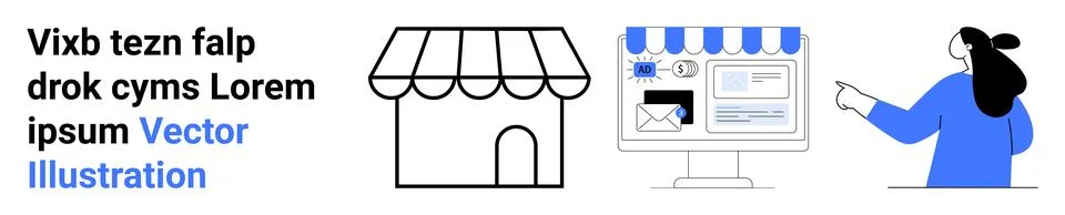 Online store icon, website interface with e-commerce elements, female pointin Stock Illustration