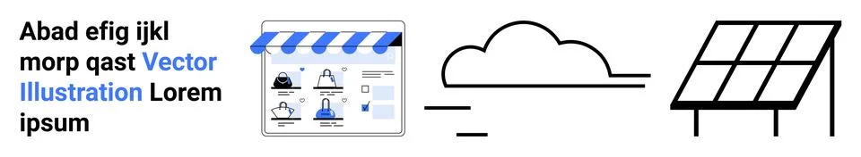 Online store interface with cloud network and solar panels representing mod.. Stock Illustration