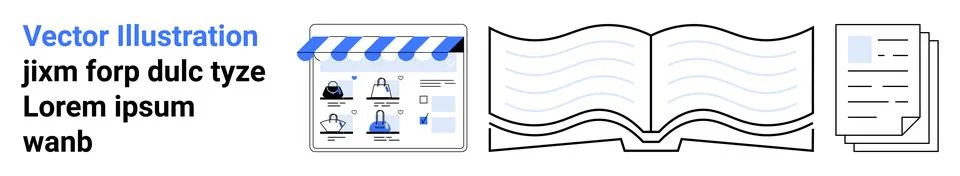 Online store interface with marketing elements, open book centered with horiz Stock Illustration