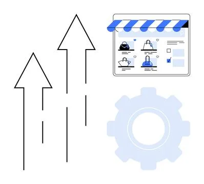 Online store interface with products, three upward arrows, and a large gear i Stock Illustration