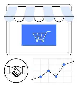 Online store interface with a storefront awning, shopping cart, handshake i.. Stock Illustration