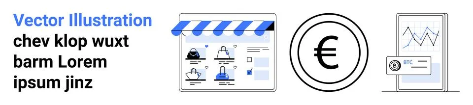 Online store interface under awning, euro currency sign, mobile banking app s Stock Illustration