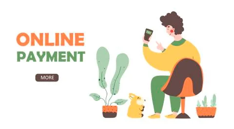 Online store payment from home,flat vector landing page template. Man pays for Stock Illustration