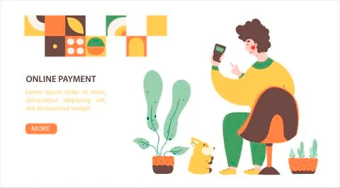 Online store payment from home,flat vector landing page template. Man pays for Stock Illustration