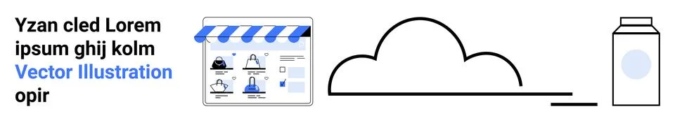 Online store platform, cloud icon, and milk carton representing e-commerce, c Illustrazione stock