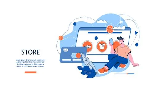 Online store services website template with man shopping online vector illust Stock Illustration