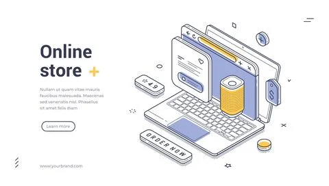 Online Store Shopping Isometric Vector Illustration Web Banner Template Desig 스톡 일러스트