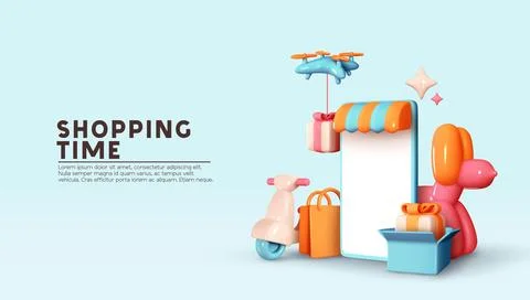 Online store. Shopping time. Creative concept idea design. Realistic 3d mob.. Illustrazione stock