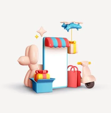 Online store. Shopping time. Creative concept idea design. Realistic 3d mob.. Illustrazione stock