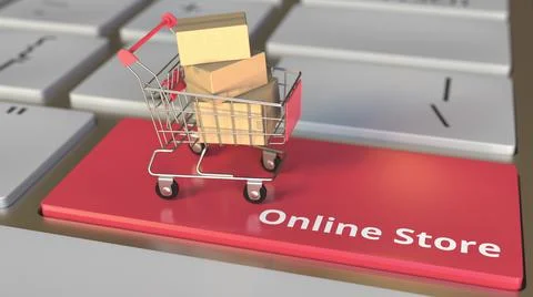 Online Store text on computer keyboard and boxes in small shopping cart Stock Illustration