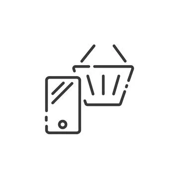 Online store thin line icon. Mobile payment. Smartphone and shopping basket.  Stock Illustration