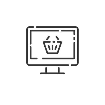 Online store thin line icon. Computer screen and shopping basket. Outline com Stock Illustration
