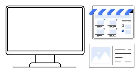 Online Storefront and Website Concept with Monitor and Digital Layouts 스톡 일러스트