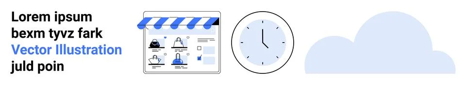 Online storefront with awning, computer screen displaying shopping items, an  Stock Illustration