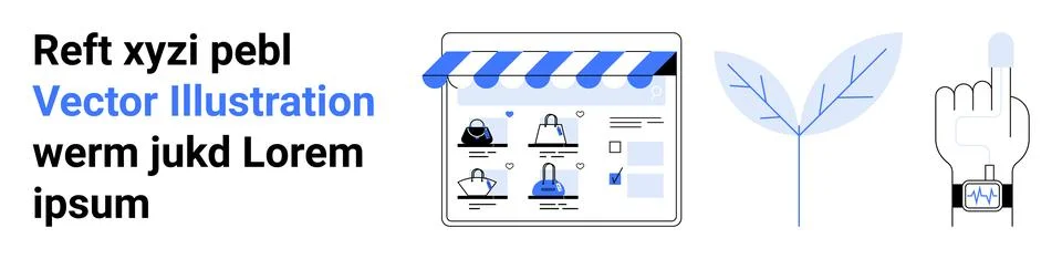 Online storefront interface, eco-friendly leaf, and smartwatch with hand gest Stock Illustration