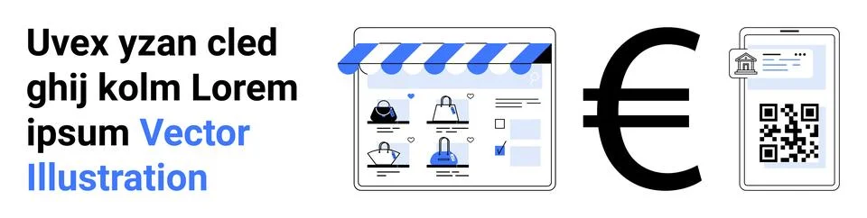 Online storefront on laptop with various items. Large Euro symbol beside mobi イラスト素材