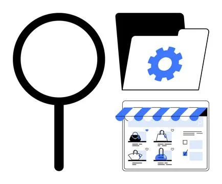Online Storefront Optimization with Magnifying Glass, Gear, and Folder Icons 스톡 일러스트
