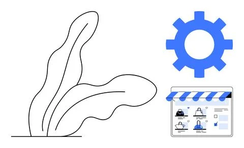 Online Storefront Setup with Gear Icon and Decorative Plant Elements イラスト素材