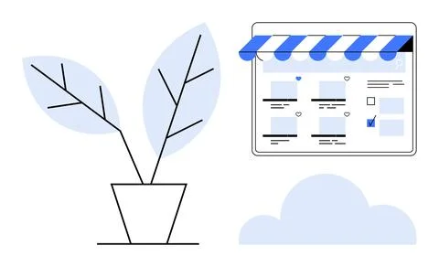 Online Storefront Under Web Awning and Potted Plant with Abstract Cloud Stock Illustration