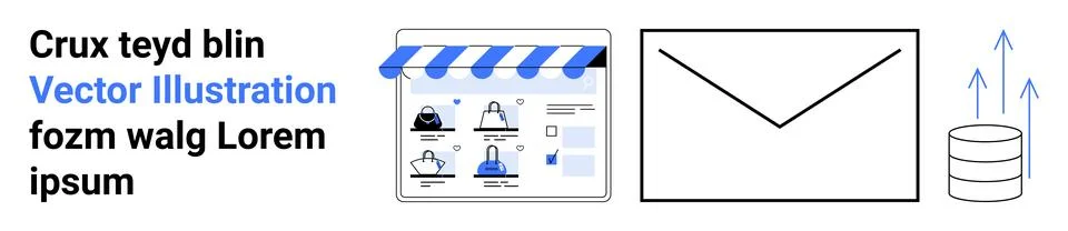Online storefront with user interface, email icon, and data upload symbols re Stock Illustration