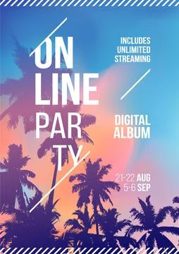 Online stream party. Palm tree on sunset tropical background. Template A4 Stock Illustration