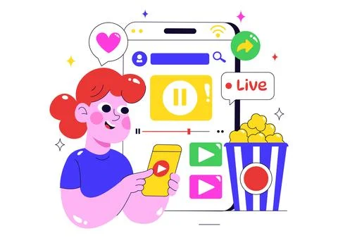 Online Streaming Platforms Illustration Featuring People Watching Live Stre.. Illustrazione stock