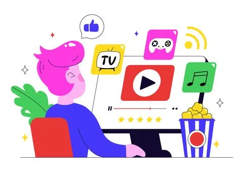 Online Streaming Platforms Illustration Featuring People Watching Live Stre.. Illustrazione stock
