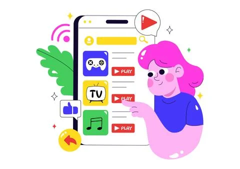 Online Streaming Platforms Illustration Featuring People Watching Live Stre.. Illustrazione stock