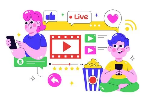 Online Streaming Platforms Illustration Featuring People Watching Live Stre.. Illustrazione stock