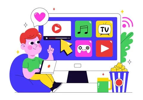 Online Streaming Platforms Illustration Featuring People Watching Live Stre.. Illustrazione stock