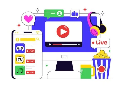 Online Streaming Platforms Illustration Featuring People Watching Live Stre.. Illustrazione stock