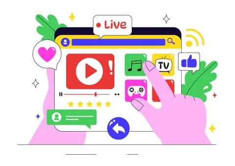 Online Streaming Platforms Illustration Featuring People Watching Live Stre.. Illustrazione stock