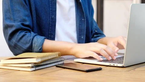 Online study class, Work from home, Student man hand using laptop computer, A Stock Photos