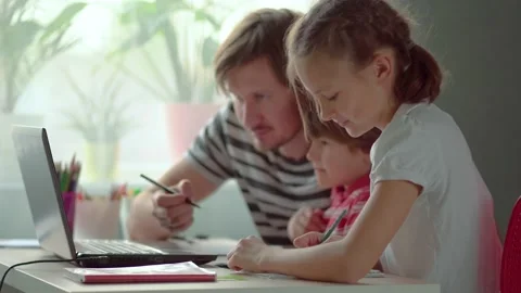 Online study, cute boy and girl use laptop for education. Children have homework Stock Footage 130365761