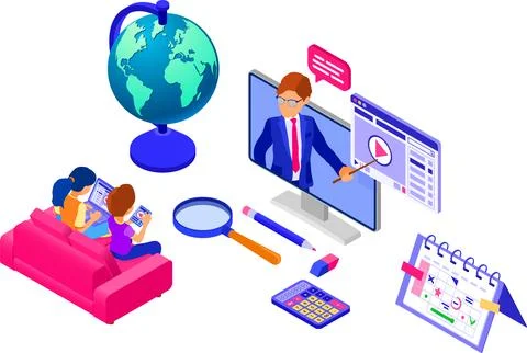 Online study Distance education technology from home banner 库存插图