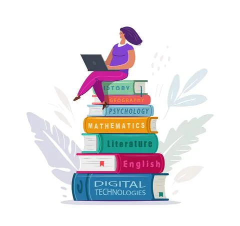 Online study, learning, library concept. Girl sitting on pile of books with Stock Illustration