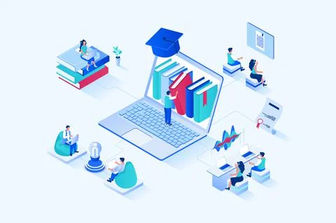 Online studying 3d isometric web design. People read books and study textbooks Stock Illustration