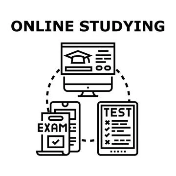 Online studying concept with learning and examination devices Illustrazione stock