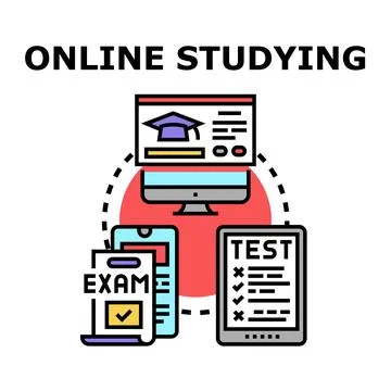 Online studying concept with learning and examination devices Stock Illustration