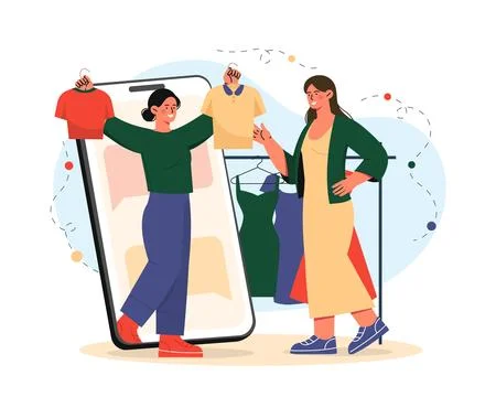 Online stylist with clothes vector Stock Illustration