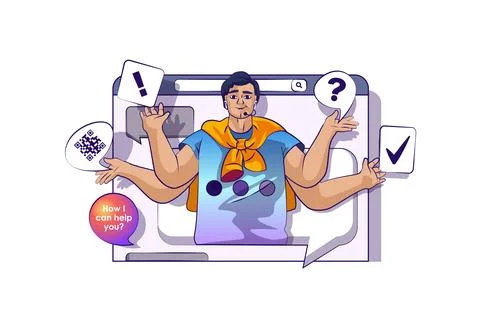 Online support concept with people scene in flat cartoon design for web. Ma.. Stock Illustration